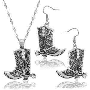 Cowboy Boot Jewelry Set – Western Necklace and Earring Combo Cowgirl Silver